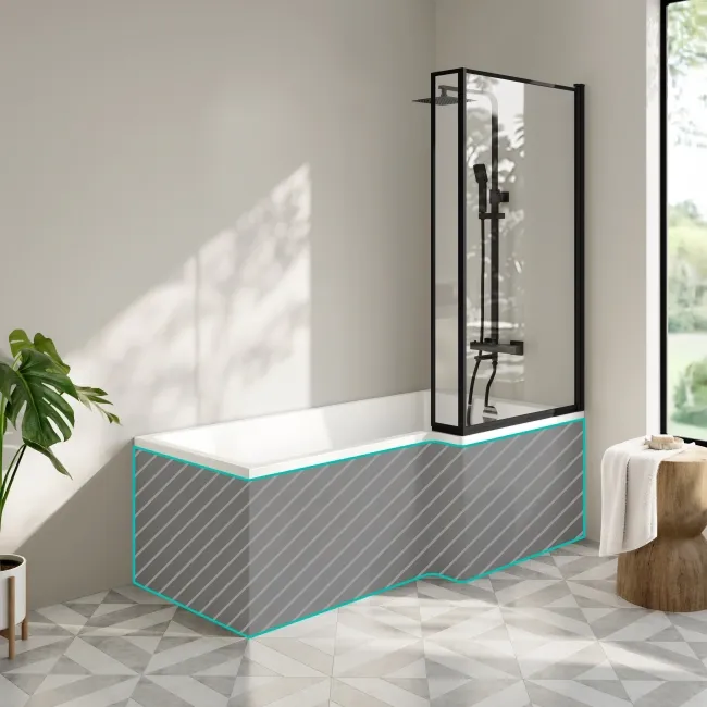 Brixton L Shaped 1700 Shower Bath & 6mm Easy Clean Matt Black Framed Bath Screen - Right Handed