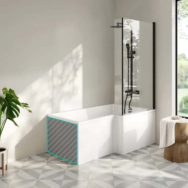 Brixton L Shaped 1600 Shower Bath with Front Panel & 6mm Matt Black Easy Clean Screen - Right Handed