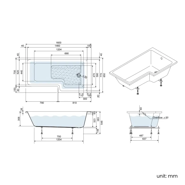 Brixton L Shaped 1600 Shower Bath with Front Panel & 6mm Brushed Brass Easy Clean Screen - Right