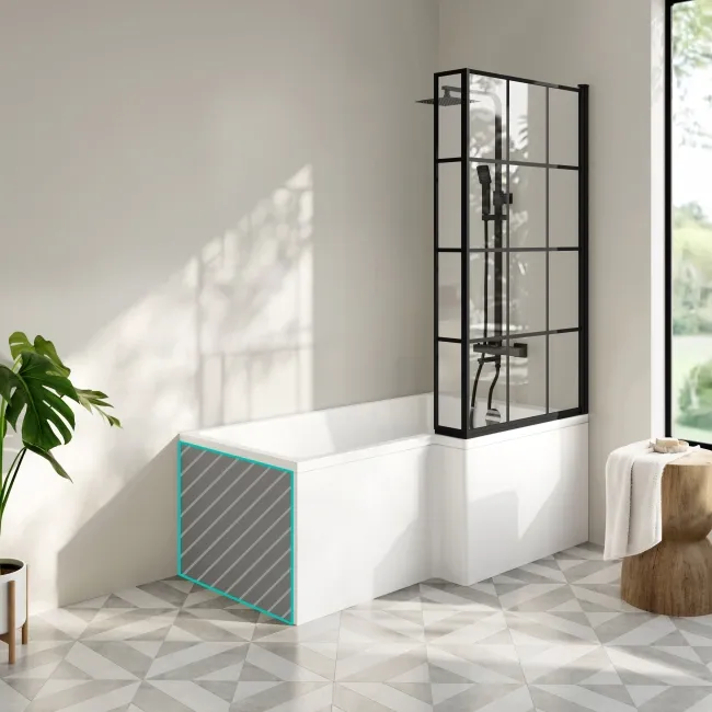 Brixton L Shaped 1600 Shower Bath with Front Panel & 6mm Matt Black Grid Bath Screen - Right