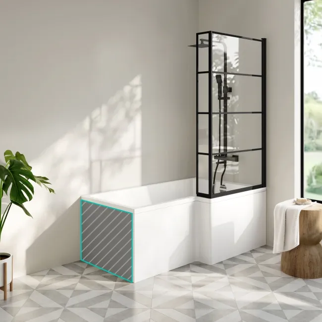 Brixton L Shaped 1600 Shower Bath with Front Panel & 6mm Matt Black Grid Bath Screen - Right