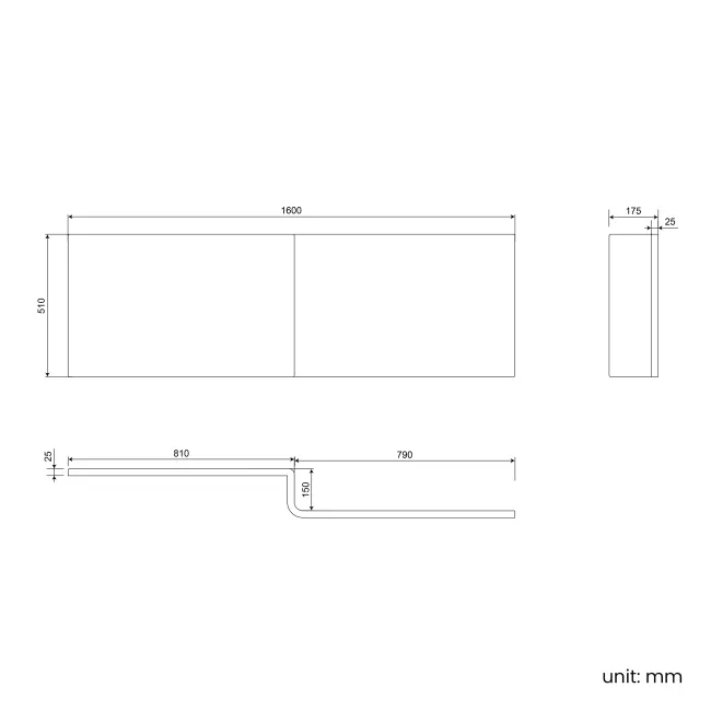 Brixton L Shaped 1600 Shower Bath with Front Panel & 6mm Matt Black Framed Bath Screen - Right