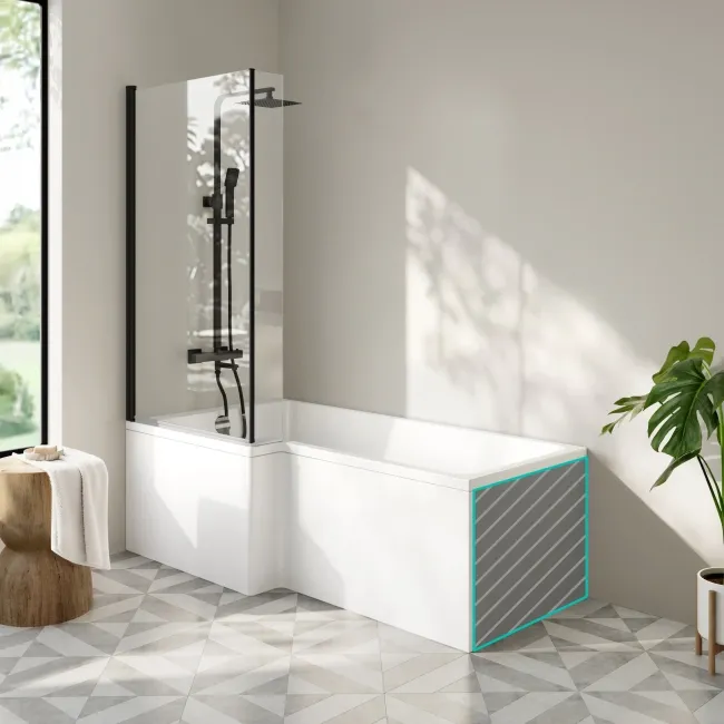 Brixton L Shaped 1700 Shower Bath with Front Panel & 6mm Matt Black Easy Clean Screen - Left Handed
