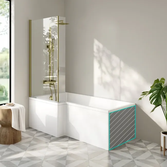 Brixton L Shaped 1700 Shower Bath with Front Panel & 6mm Brushed Brass Easy Clean Screen - Left