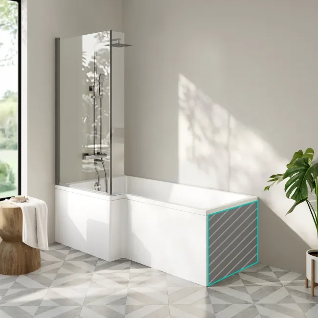 Brixton L Shaped 1700 Shower Bath with Front Panel & 6mm Brushed Gunmetal Easy Clean Screen - Left