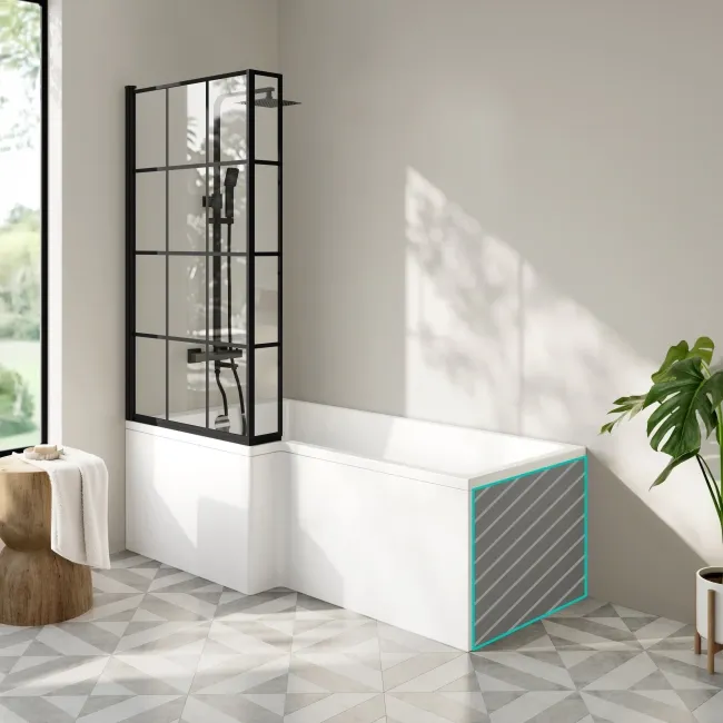 Brixton L Shaped 1700 Shower Bath with Front Panel & 6mm Matt Black Grid Bath Screen - Left