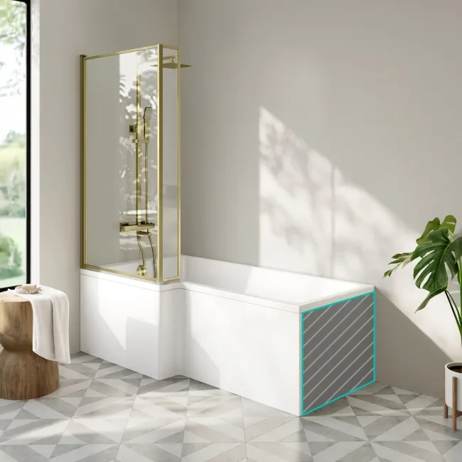 Brixton L Shaped 1700 Shower Bath with Front Panel & 6mm Brushed Brass Framed Bath Screen - Left