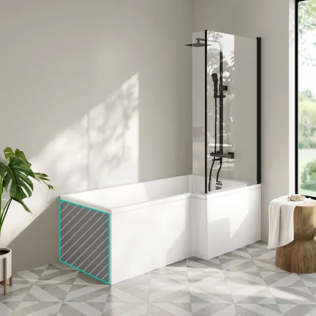Brixton L Shaped 1700 Shower Bath with Front Panel & 6mm Matt Black Easy Clean Screen - Right Handed