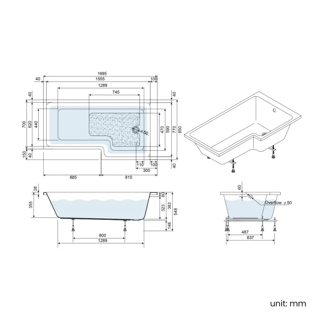 Brixton L Shaped 1700 Shower Bath with Front Panel & 6mm Brushed Gunmetal Easy Clean Screen - Right
