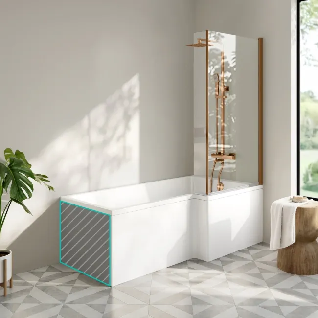 Brixton L Shaped 1700 Shower Bath with Front Panel & 6mm Brushed Copper Easy Clean Screen - Right