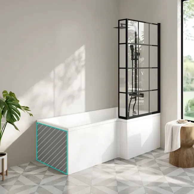 Brixton L Shaped 1700 Shower Bath with Front Panel & 6mm Matt Black Grid Bath Screen - Right