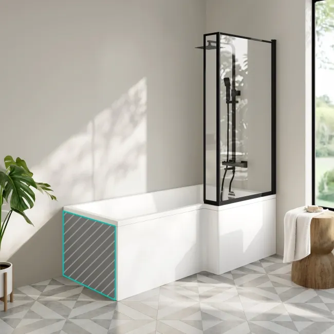 Brixton L Shaped 1700 Shower Bath with Front Panel & 6mm Matt Black Framed Bath Screen - Right