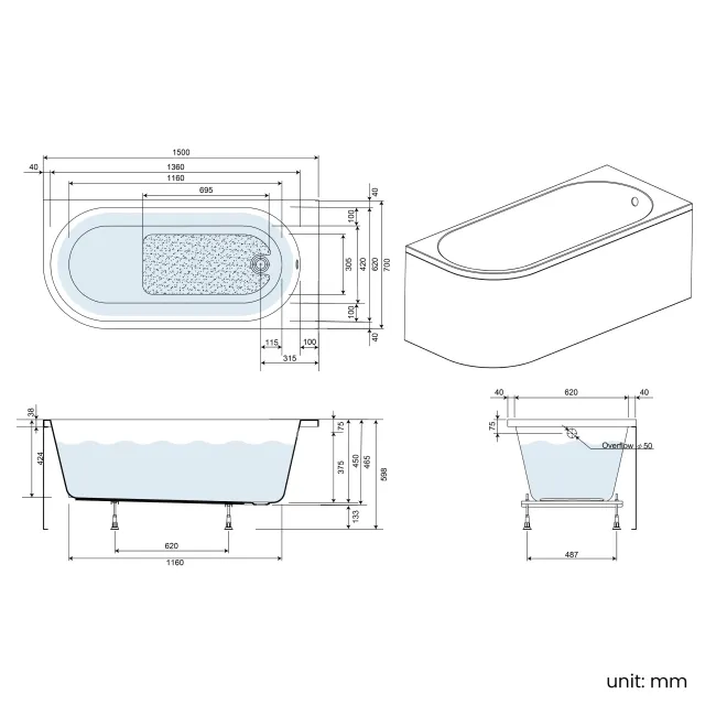 Turku 1500mm Space Saving Bath - Right Handed