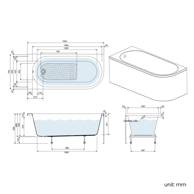 Turku 1600mm Space Saving Bath - Left Handed