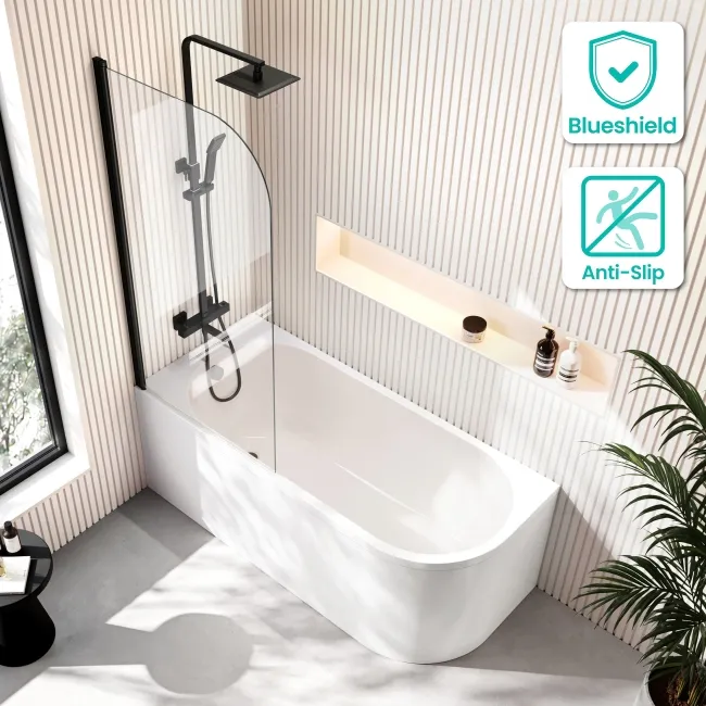 Turku 1500 Space Saving Shower Bath & 6mm Easy Clean Matt Black Bath Screen - Left Handed