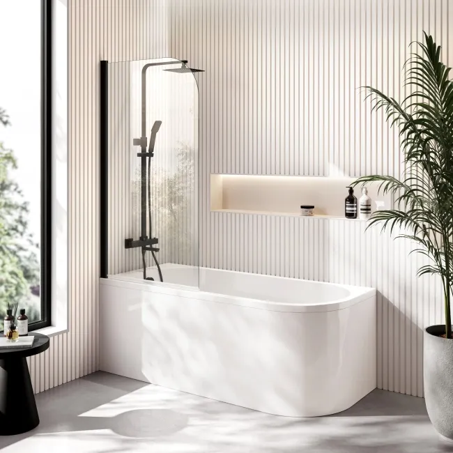 Turku 1500 Space Saving Shower Bath & 6mm Easy Clean Matt Black Bath Screen - Left Handed
