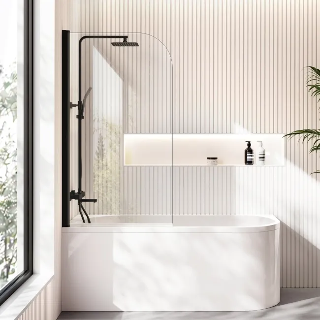 Turku 1500 Space Saving Shower Bath & 6mm Easy Clean Matt Black Bath Screen - Left Handed