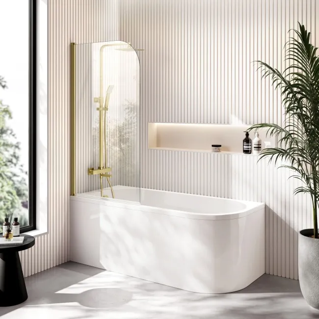 Turku 1500 Space Saving Shower Bath & 6mm Easy Clean Brushed Brass Bath Screen - Left Handed