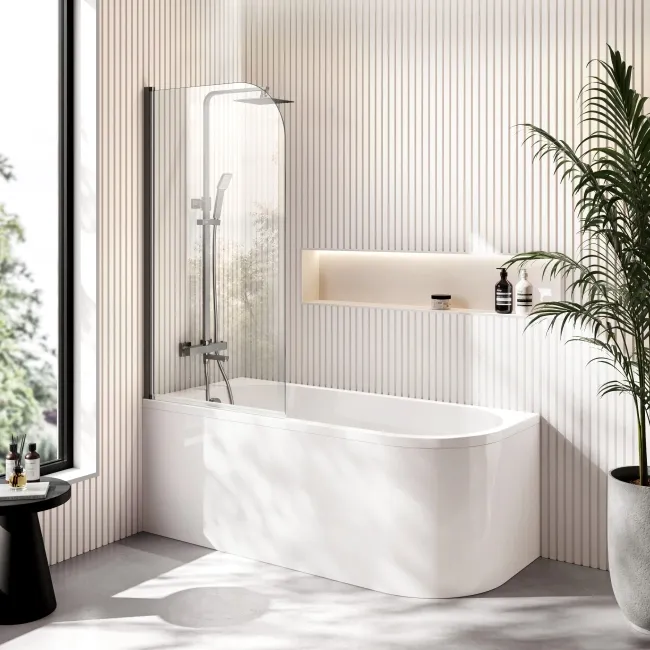 Turku 1500 Space Saving Shower Bath & 6mm Easy Clean Brushed Gunmetal Bath Screen - Left Handed