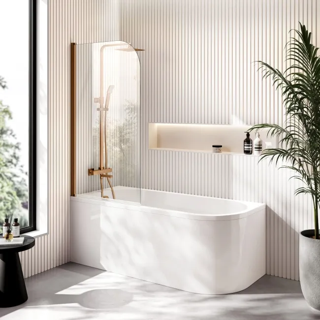 Turku 1500 Space Saving Shower Bath & 6mm Easy Clean Brushed Copper Bath Screen - Left Handed