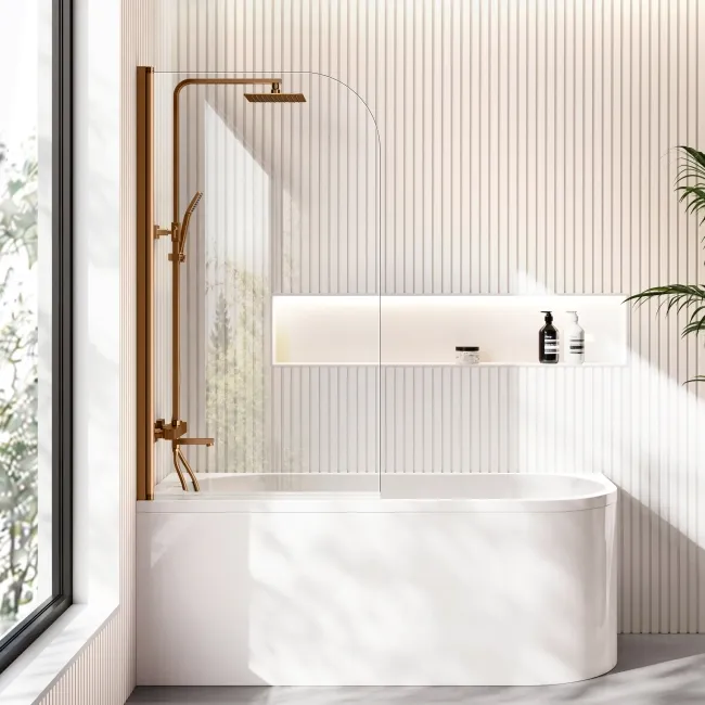 Turku 1500 Space Saving Shower Bath & 6mm Easy Clean Brushed Copper Bath Screen - Left Handed
