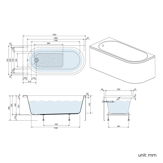 Turku 1500 Space Saving Shower Bath & 6mm Easy Clean Brushed Copper Bath Screen - Left Handed
