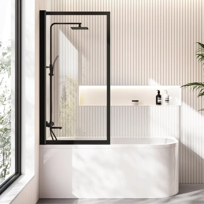 Turku 1500 Space Saving Shower Bath & Premium 8mm Easy Clean Matt Black Framed Bath Screen - Left