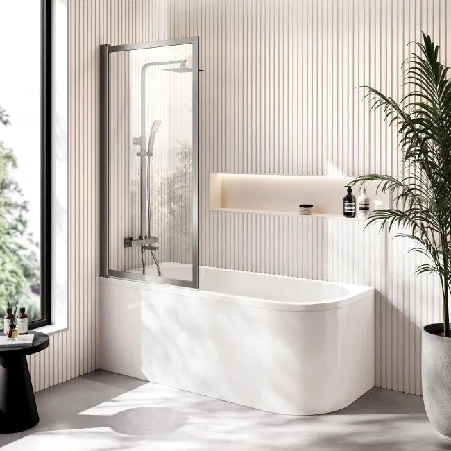 Turku 1500 Space Saving Shower Bath & Premium 8mm Brushed Gunmetal Framed Bath Screen - Left