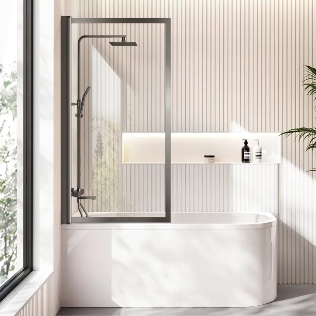 Turku 1500 Space Saving Shower Bath & Premium 8mm Brushed Gunmetal Framed Bath Screen - Left