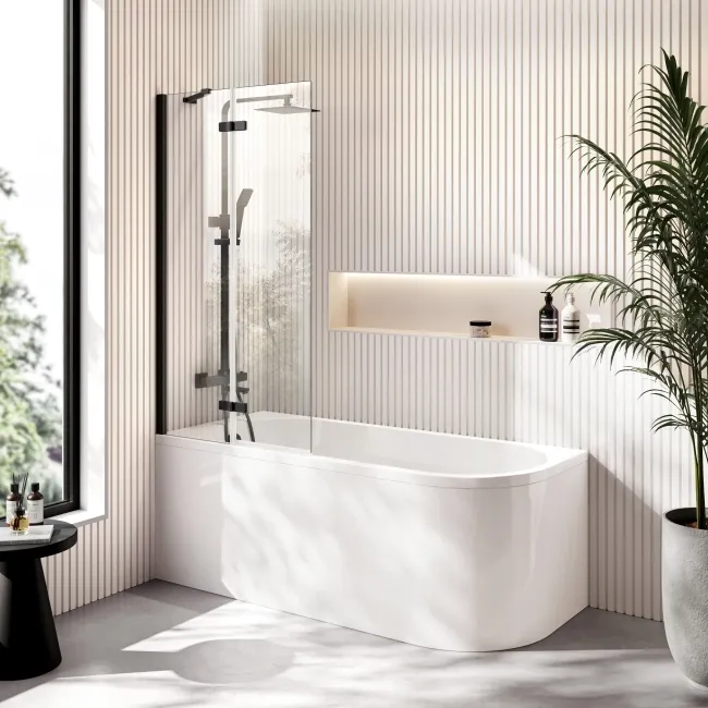 Turku 1500 Space Saving Shower Bath & 6mm Easy Clean Matt Black Folding Bath Screen - Left Handed