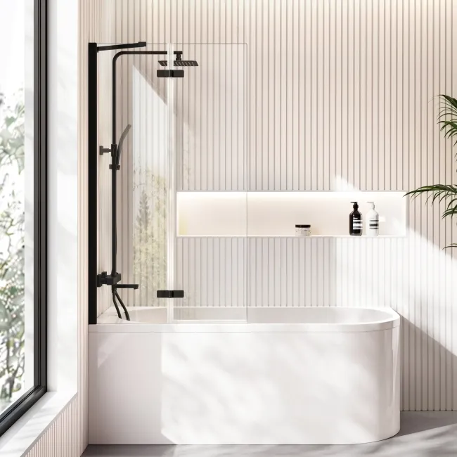 Turku 1500 Space Saving Shower Bath & 6mm Easy Clean Matt Black Folding Bath Screen - Left Handed