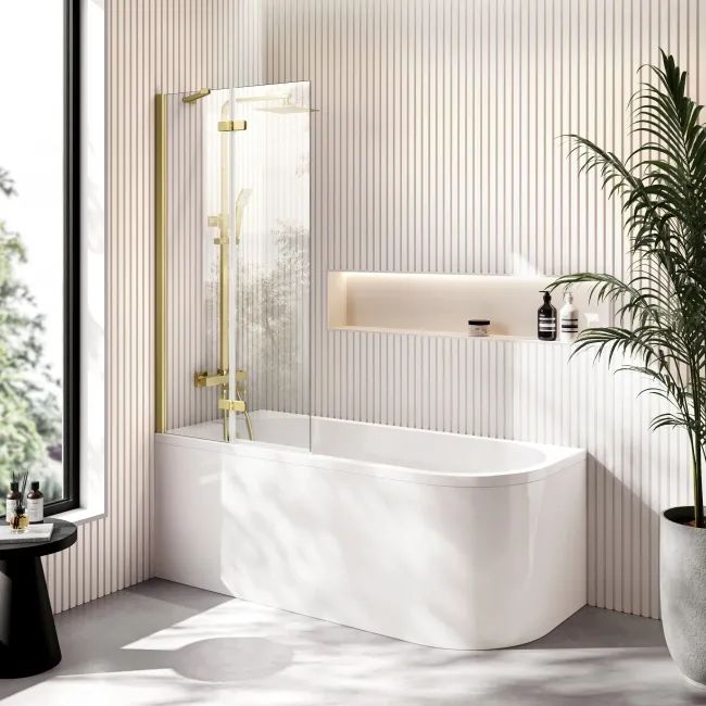Turku 1500 Space Saving Shower Bath & 6mm Easy Clean Brushed Brass Folding Bath Screen - Left