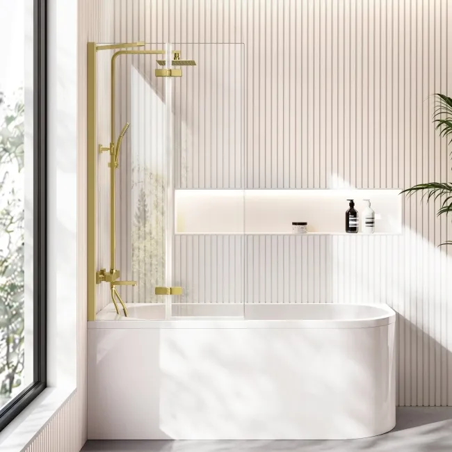 Turku 1500 Space Saving Shower Bath & 6mm Easy Clean Brushed Brass Folding Bath Screen - Left
