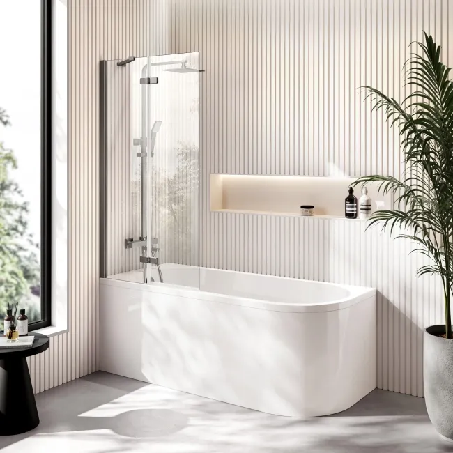 Turku 1500 Space Saving Shower Bath & 6mm Easy Clean Brushed Gunmetal Folding Bath Screen - Left