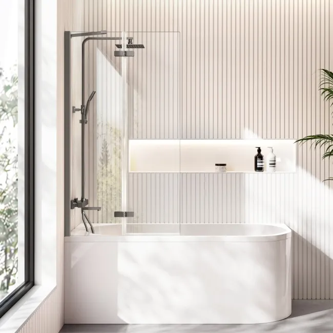 Turku 1500 Space Saving Shower Bath & 6mm Easy Clean Brushed Gunmetal Folding Bath Screen - Left