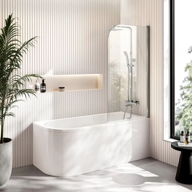 Turku 1500 Space Saving Shower Bath & 6mm Easy Clean Chrome Bath Screen - Right Handed