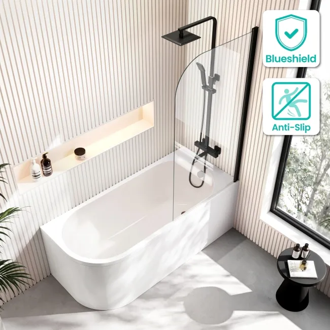 Turku 1500 Space Saving Shower Bath & 6mm Easy Clean Matt Black Bath Screen - Right Handed