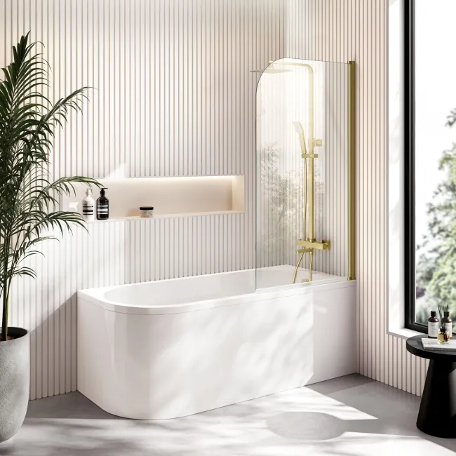 Turku 1500 Space Saving Shower Bath & 6mm Easy Clean Brushed Brass Bath Screen - Right Handed