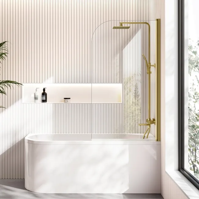 Turku 1500 Space Saving Shower Bath & 6mm Easy Clean Brushed Brass Bath Screen - Right Handed