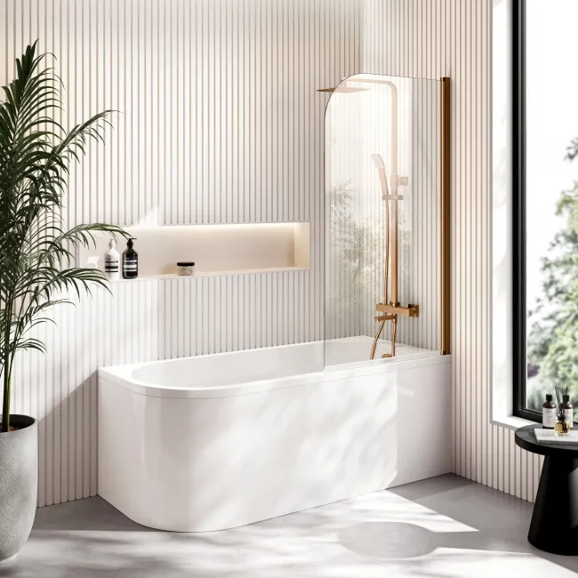 Turku 1500 Space Saving Shower Bath & 6mm Easy Clean Brushed Copper Bath Screen - Right Handed
