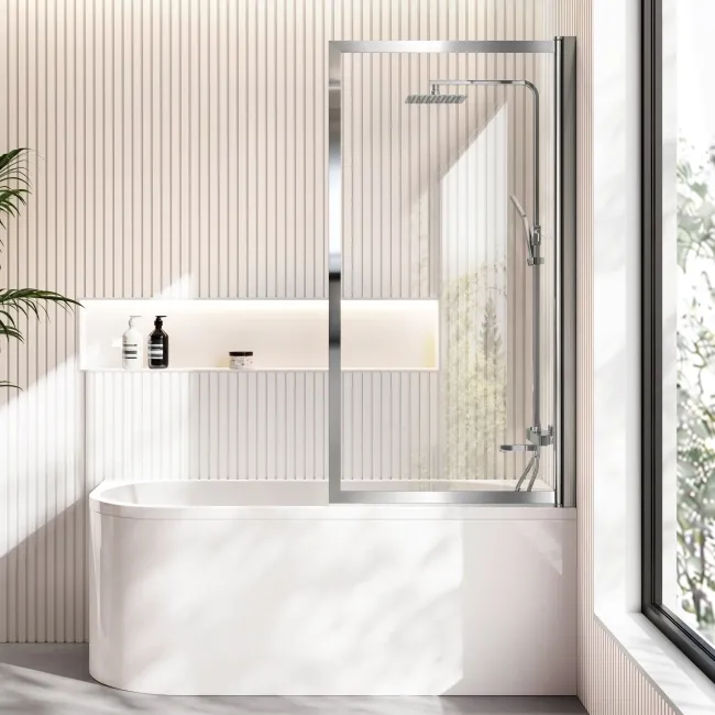 Turku 1500 Space Saving Shower Bath & Premium 8mm Easy Clean Chrome Framed Bath Screen - Right