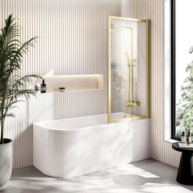 Turku 1500 Space Saving Shower Bath & Premium 8mm Brushed Brass Framed Bath Screen - Right