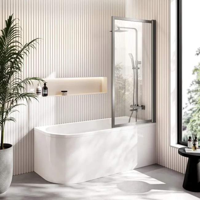 Turku 1500 Space Saving Shower Bath & Premium 8mm Brushed Gunmetal Framed Bath Screen - Right