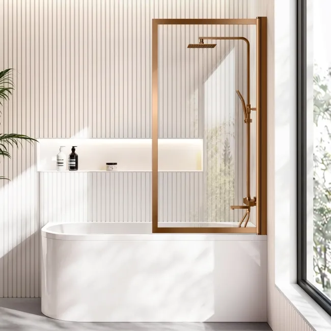 Turku 1500 Space Saving Shower Bath & Premium 8mm Brushed Copper Framed Bath Screen - Right