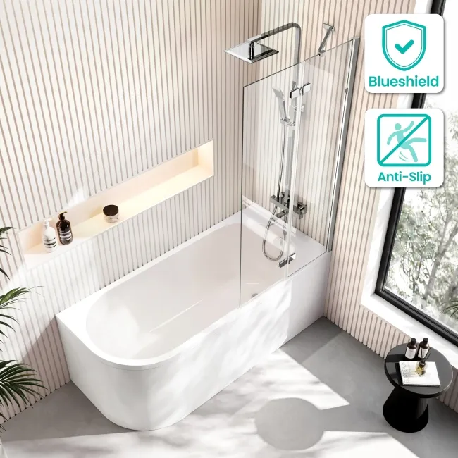 Turku 1500 Space Saving Shower Bath & 6mm Easy Clean Chrome Folding Bath Screen - Right Handed