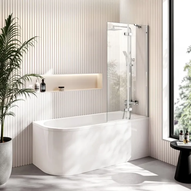 Turku 1500 Space Saving Shower Bath & 6mm Easy Clean Chrome Folding Bath Screen - Right Handed
