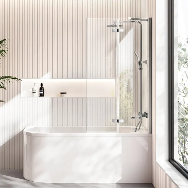 Turku 1500 Space Saving Shower Bath & 6mm Easy Clean Chrome Folding Bath Screen - Right Handed
