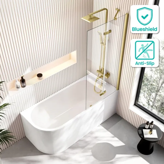 Turku 1500 Space Saving Shower Bath & 6mm Easy Clean Brushed Brass Folding Bath Screen - Right