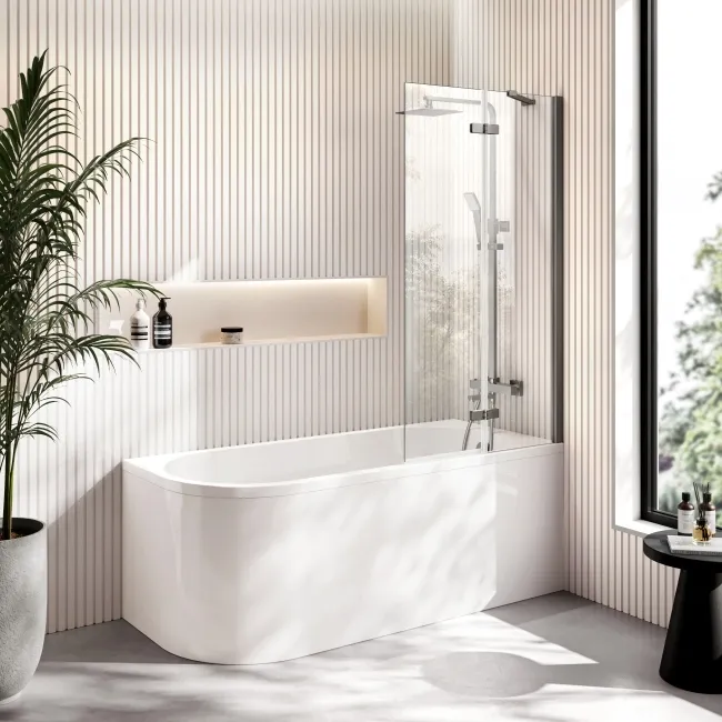 Turku 1500 Space Saving Shower Bath & 6mm Easy Clean Brushed Gunmetal Folding Bath Screen - Right