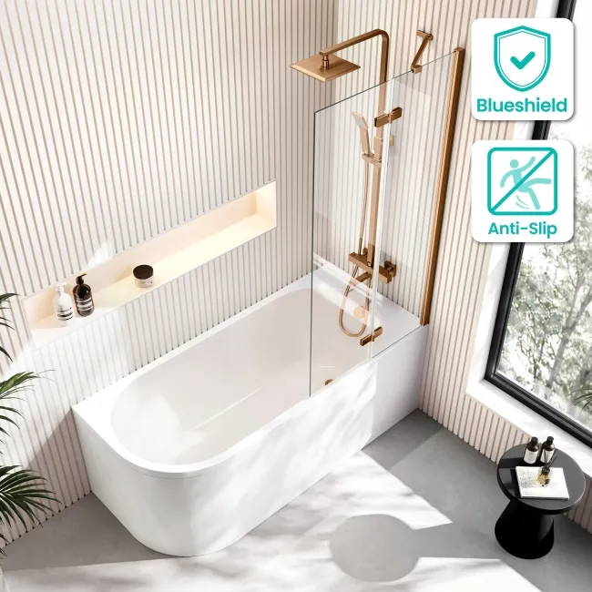 Turku 1500 Space Saving Shower Bath & 6mm Easy Clean Brushed Copper Folding Bath Screen - Right